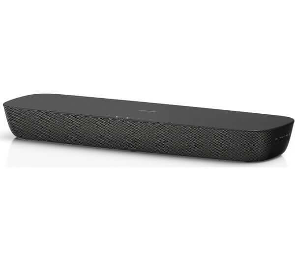 PANASONIC SC-HTB208 compact wireless soundbar 80W in sleek black design, showcasing HDMI and Bluetooth capabilities.