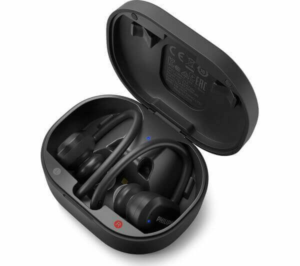 PHILIPS TAA7306BK/00 True Wireless Sports Headphones Bluetooth Waterproof BLACK in charging case, black color, wireless design.