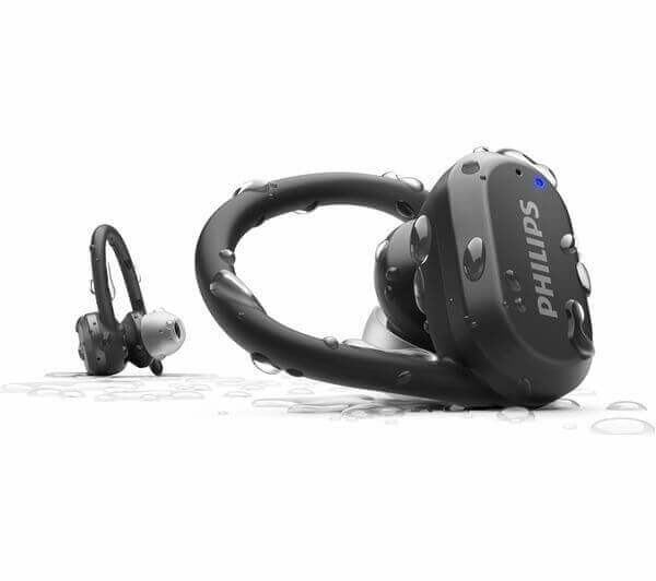 PHILIPS TAA7306BK/00 True Wireless Sports Headphones Bluetooth Waterproof BLACK displayed with water droplets.