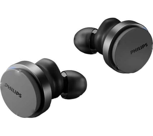 Philips TAT8506BK/00 true wireless Bluetooth earbuds in black, featuring active noise cancellation and IPX4 water resistance.