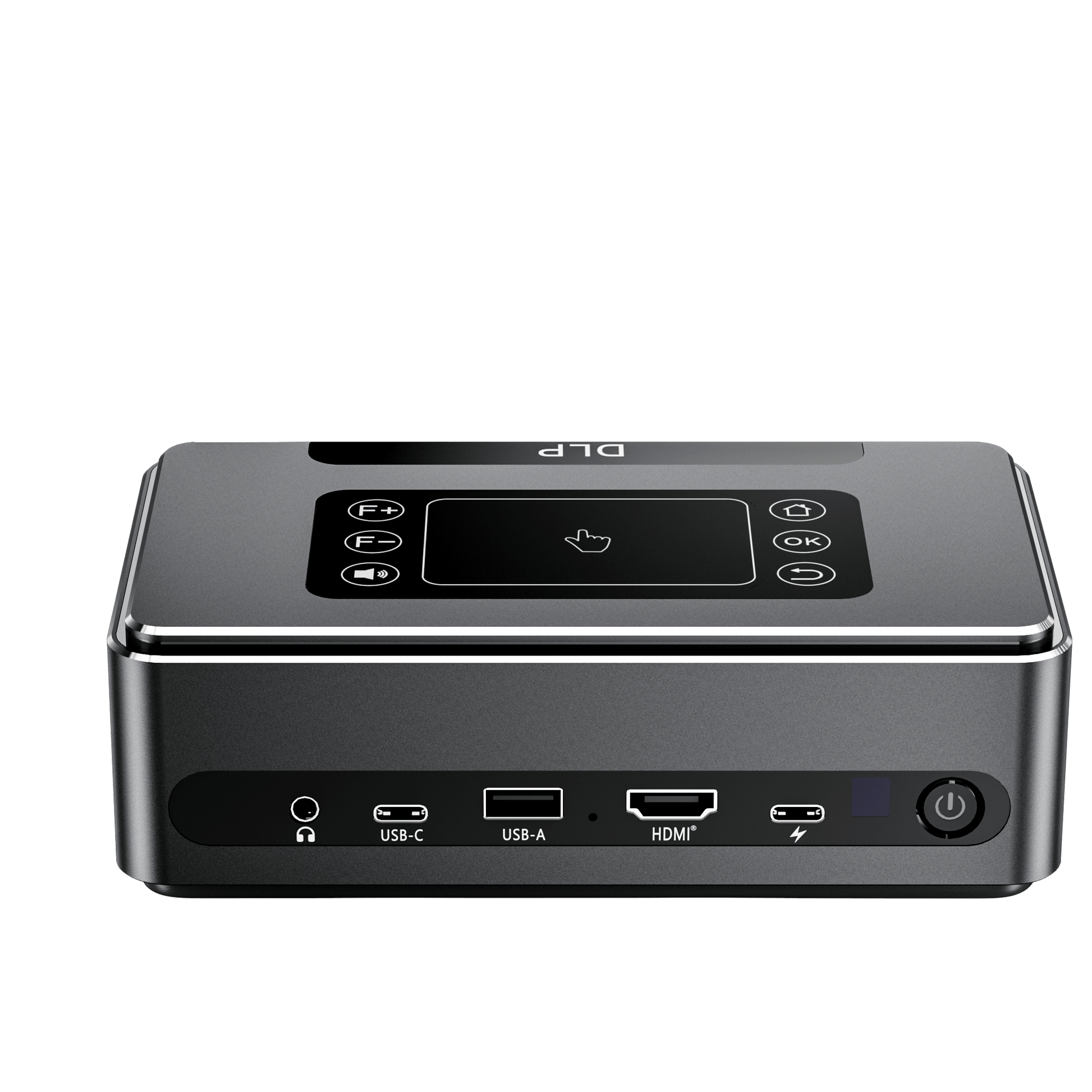 Pico Genie Impact 4.0 Plus 1080p Ultra Portable Projector top view showcasing USB-C, USB-A, HDMI ports and control panel.