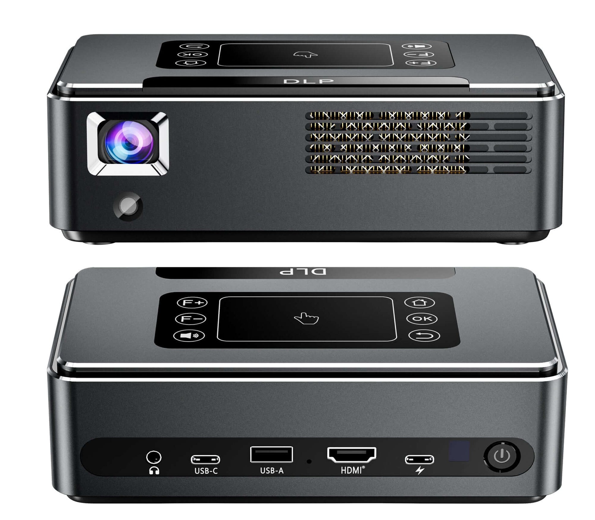 Pico Genie Impact 4.0 Plus 1080p Ultra Portable Projector top and side views showcasing design and ports.