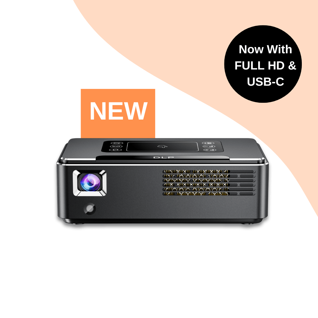 Pico Genie Impact 4.0 Plus 1080p Ultra Portable Projector showcasing DLP technology with USB-C and FULL HD features.