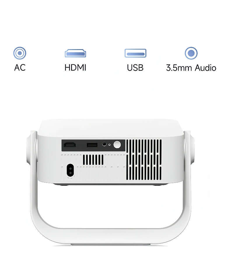 Pico Genie L300 LED 1080p Smart Projector back panel showing AC, HDMI, USB, and 3.5mm audio ports.