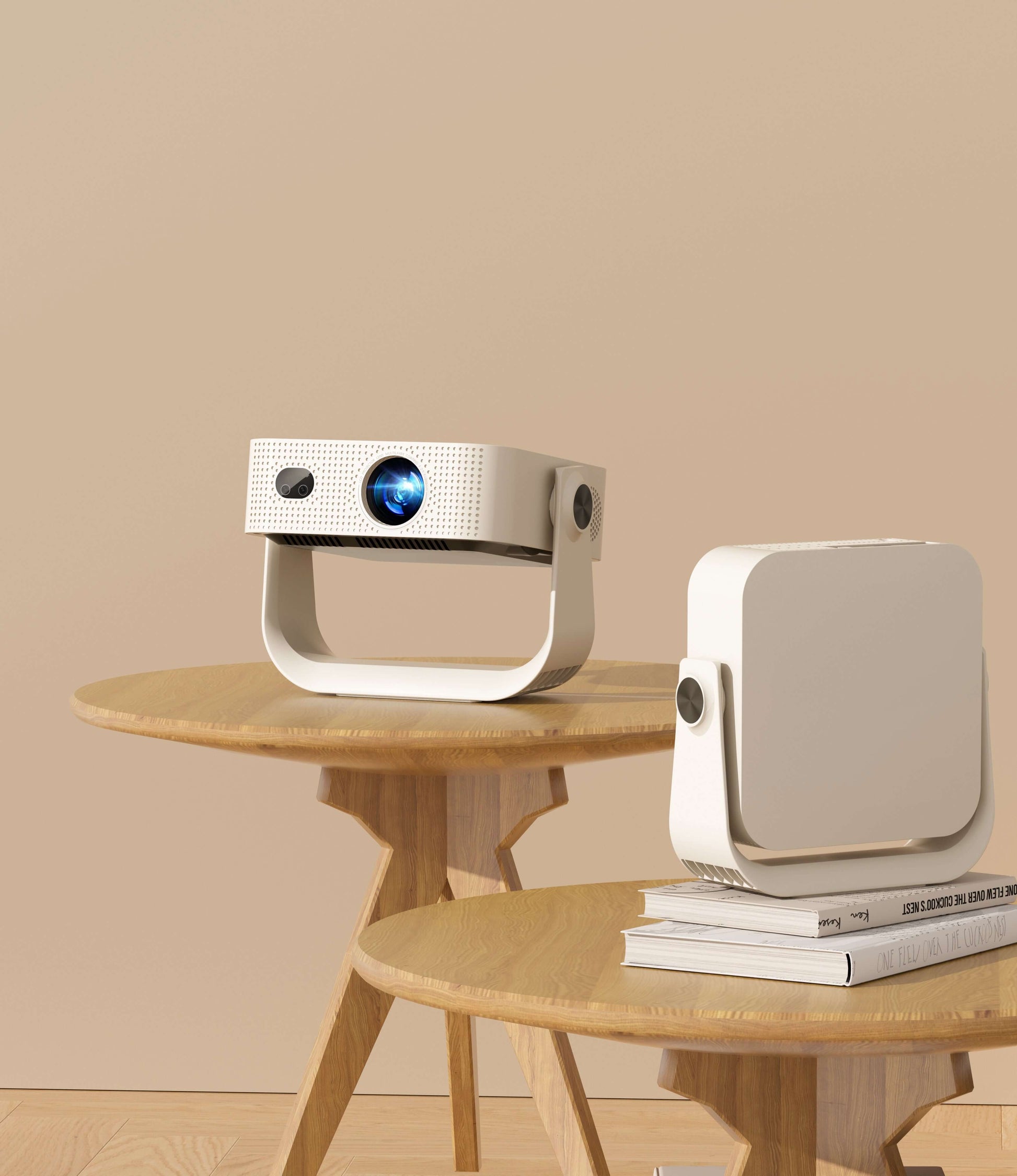 Pico Genie L300 LED 1080p Smart Projector on a wooden table, showcasing its sleek design and built-in stand.