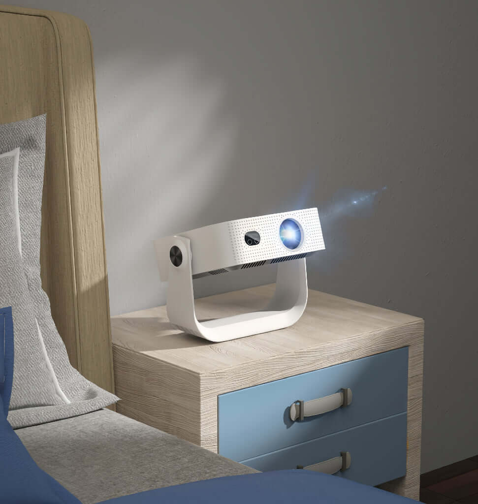 Pico Genie L300 LED 1080p Smart Projector on a nightstand projecting image in a cozy bedroom.