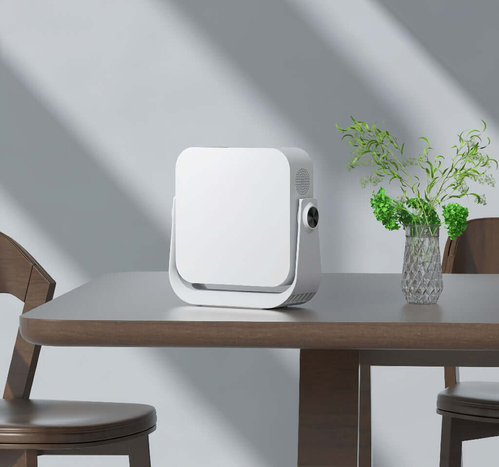 Pico Genie L300 LED 1080p Smart Projector placed on a table with decorative plants and a modern design.