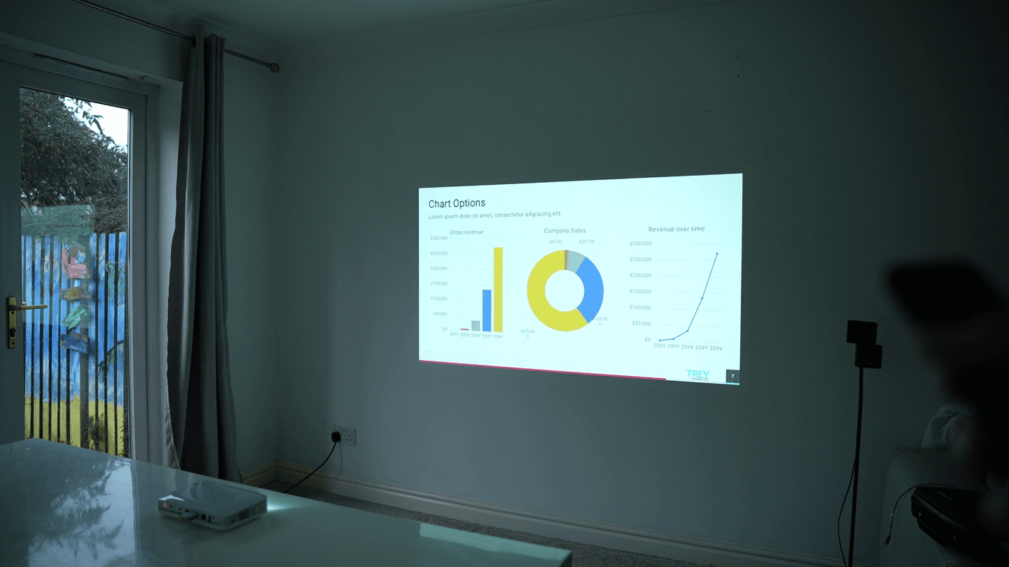 Pico Genie M550 Plus 4.0 Smart Projector displaying charts on a wall in a modern interior.