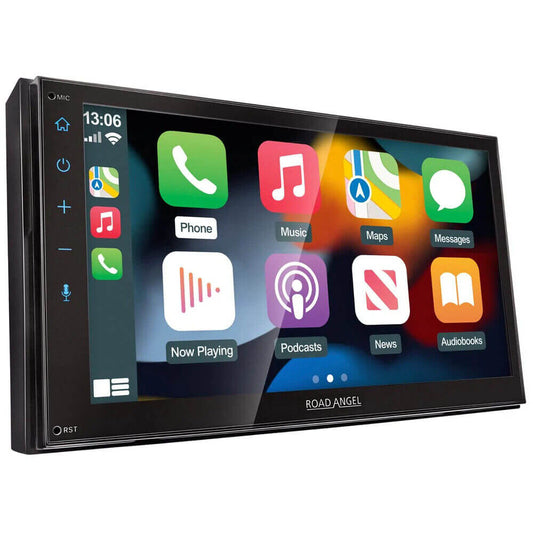 ROAD ANGEL RA-X621BT Bluetooth car stereo displaying Apple CarPlay and Android Auto features on a touchscreen.