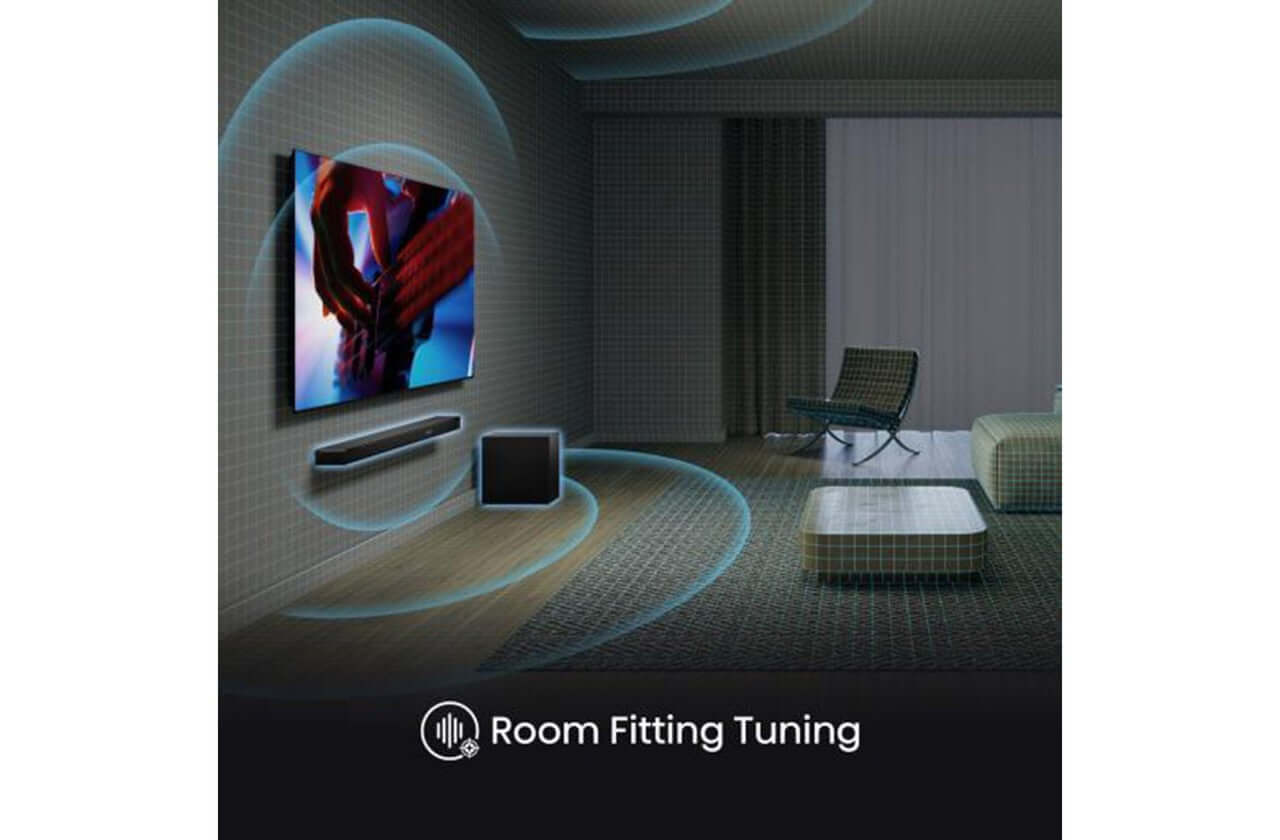 HISENSE AX3120Q 3.1.2 WIRELESS SOUNDBAR SUBWOOFER DOLBY ATMOS DTS Virtual:X NEW in a room fitting tuning setup.