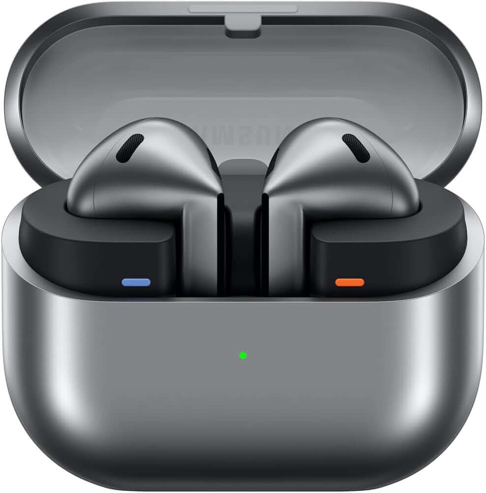Samsung Galaxy Buds3 wireless earphones in charging case, featuring Bluetooth and active noise cancelling technology.