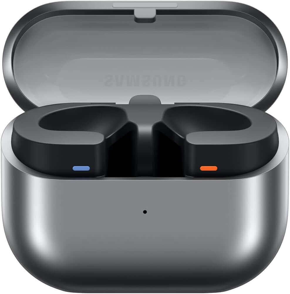 Samsung Galaxy Buds3 wireless earphones in charging case, featuring Bluetooth and active noise cancelling in silver.