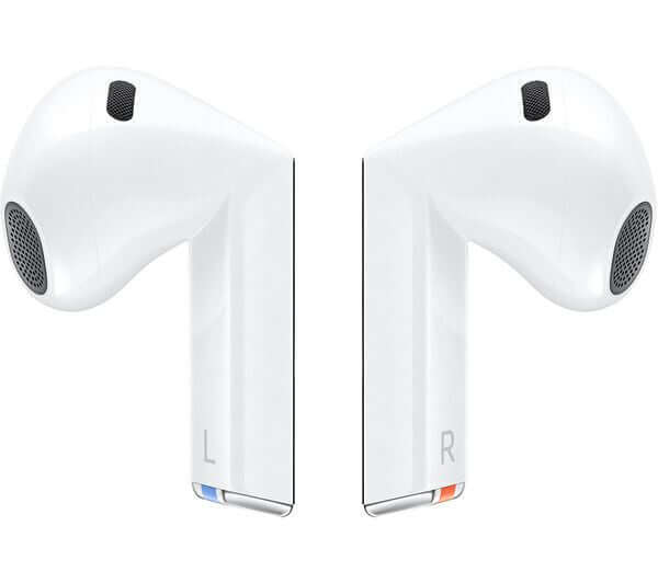 SAMSUNG Galaxy Buds3 wireless noise-cancelling earbuds in white, showcasing left and right earphones.