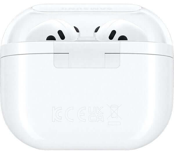SAMSUNG Galaxy Buds3 wireless earbuds in white charging case, featuring active noise cancelling and Bluetooth connectivity.
