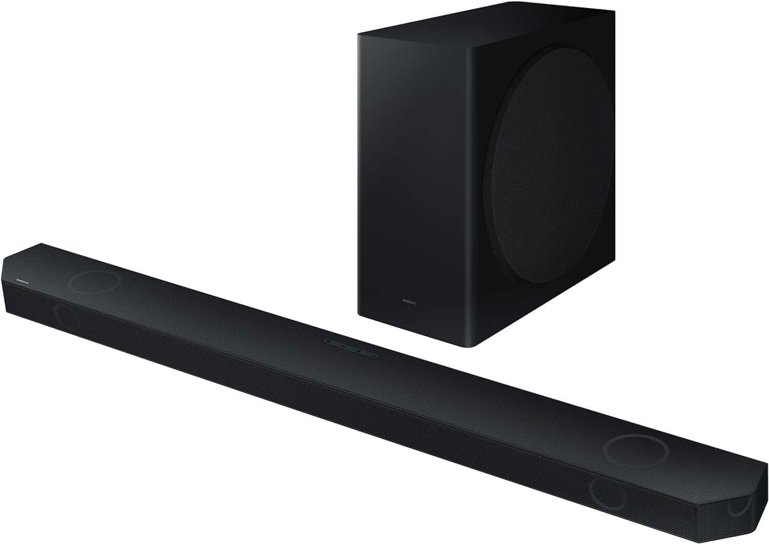 SAMSUNG HW-Q800C 5.1.2 Wireless Soundbar with subwoofer, featuring Dolby Atmos and sleek black design.