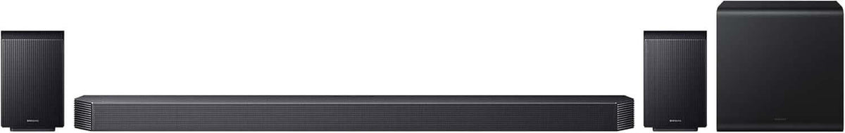SAMSUNG HW-Q930F 9.1.4 WIRELESS 580W SOUNDBAR SUBWOOFER DOLBY ATMOS ALEXA NEW displayed with wireless speakers.