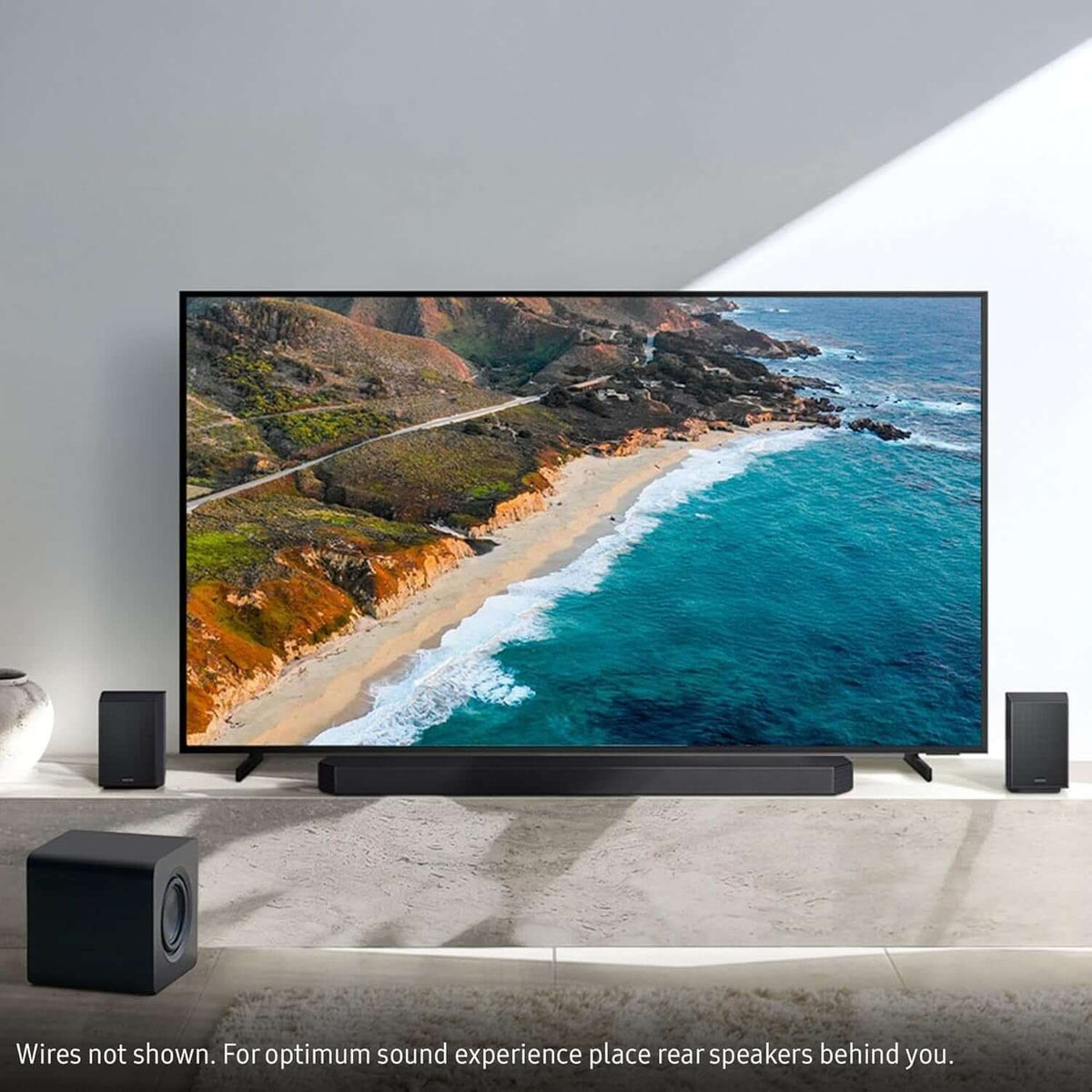 SAMSUNG HW-Q930F 9.1.4 WIRELESS 580W SOUNDBAR SUBWOOFER DOLBY ATMOS ALEXA NEW with TV and rear speakers setup.