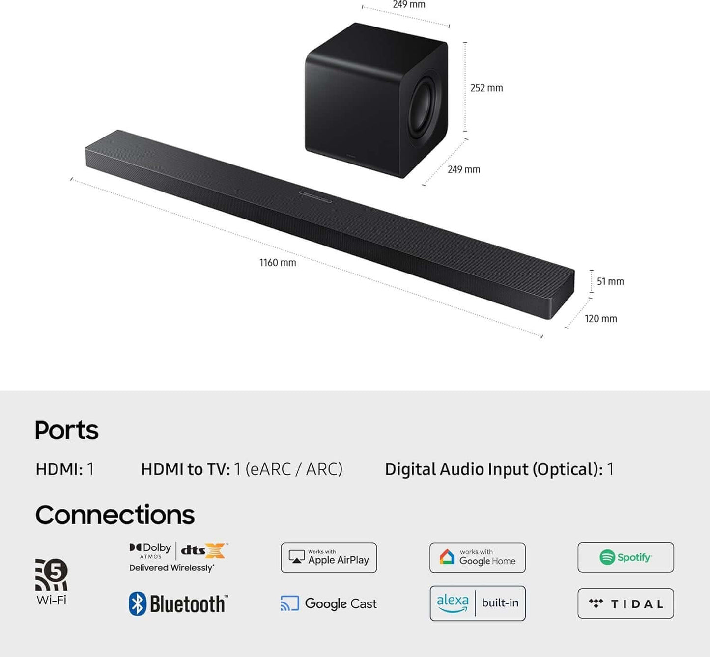 SAMSUNG HW-QS700F 3.1.2 WIRELESS 545W SOUNDBAR SUBWOOFER DOLBY ATMOS HDMI ALEXA with dimensions and connection options.