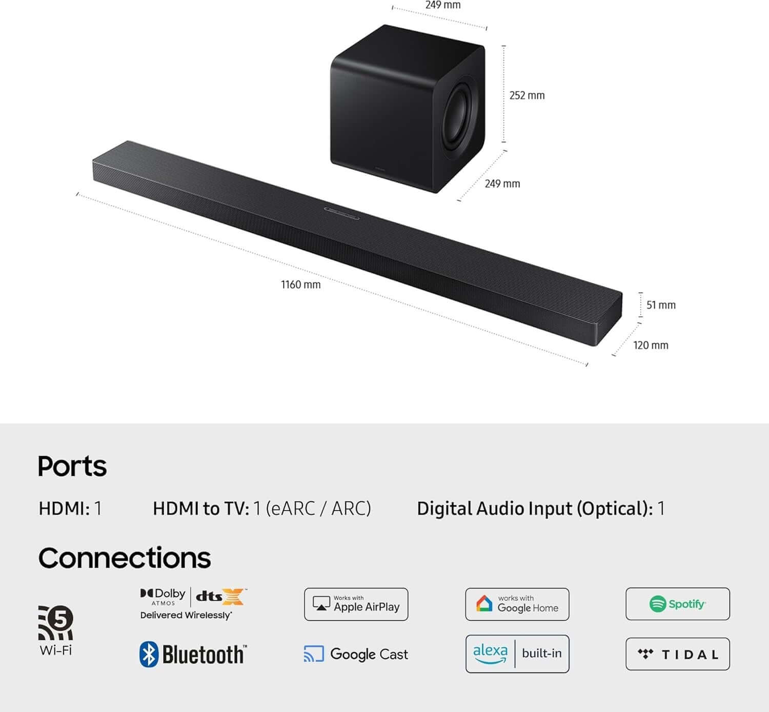 SAMSUNG HW-QS700F 3.1.2 WIRELESS 545W SOUNDBAR SUBWOOFER DOLBY ATMOS HDMI ALEXA with dimensions and connection options.