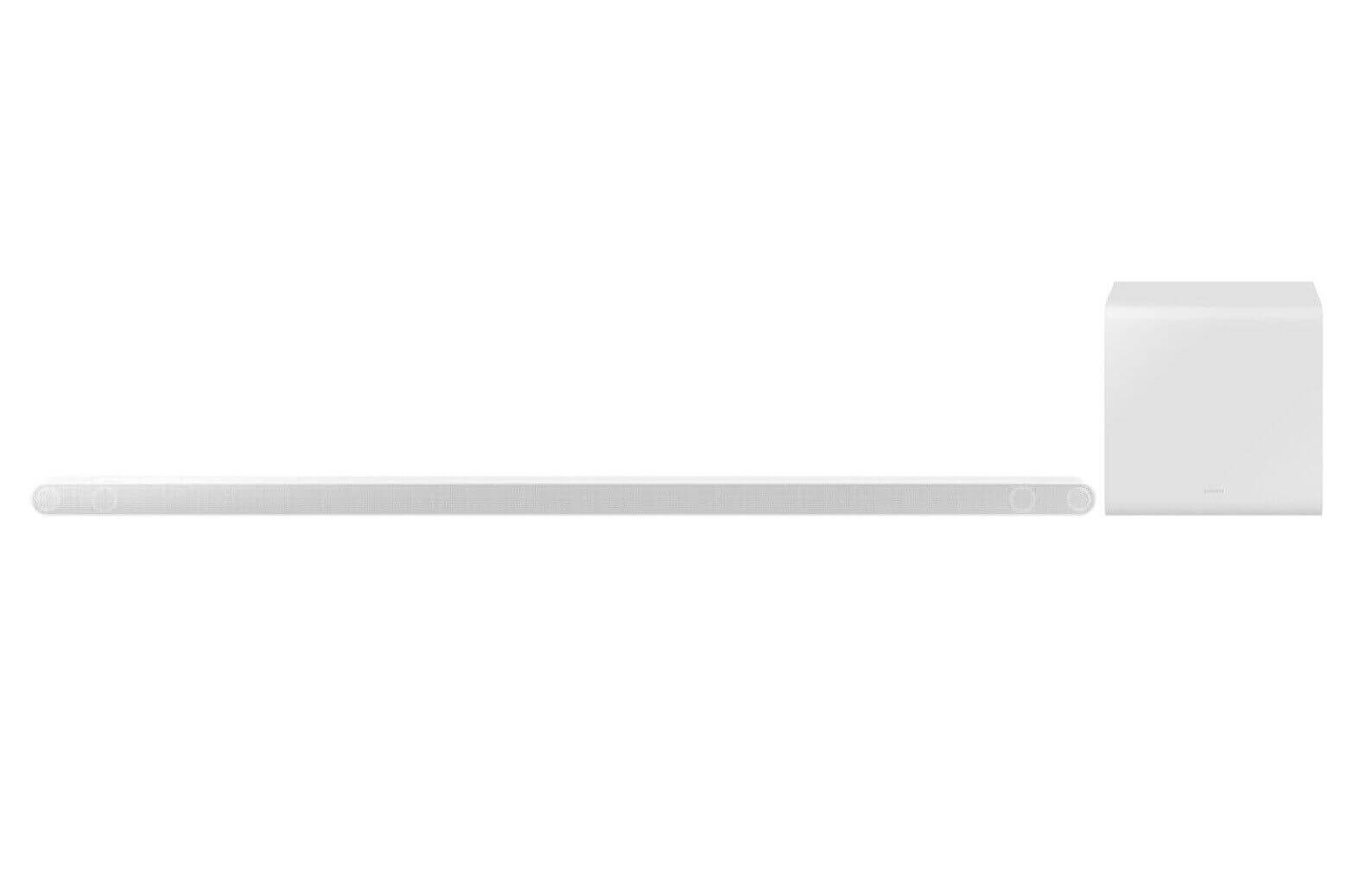 SAMSUNG HW-S801B ultra-thin wireless soundbar and subwoofer in white design for impressive audio immersion.