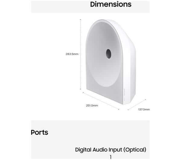 SAMSUNG HW-LS51H/XU MUSIC STUDIO WIRELESS SPEAKER DOLBY ATMOS MUSIC WHITE NEW dimensions and ports