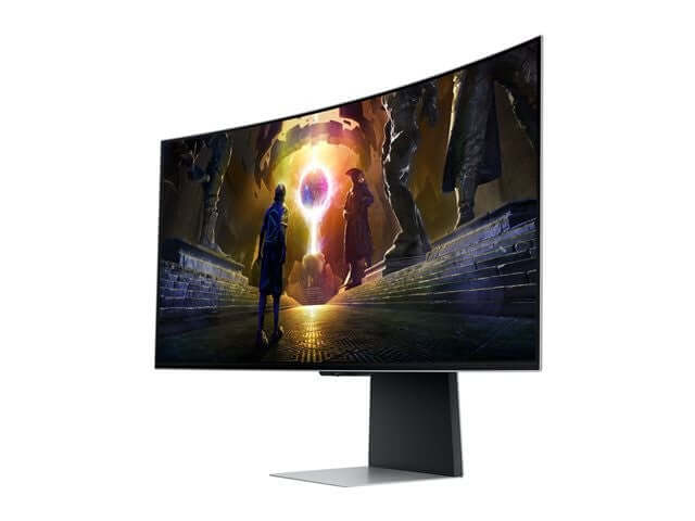 SAMSUNG ODYSSEY OLED G8 G85SD QUAD HD 34" CURVED QD-OLED SMART GAMING MONITOR with immersive gaming visuals.