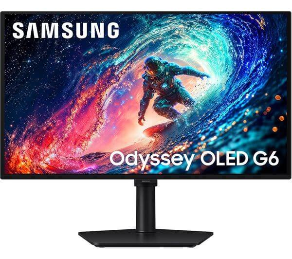SAMSUNG ODYSSEY OLED G6 G61SH QUAD HD 27" GAMING MONITOR 240Hz 0.03MS HDMI USB on a black stand with vibrant colors.