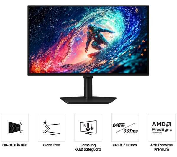 SAMSUNG ODYSSEY OLED G6 G61SH QUAD HD 27" GAMING MONITOR 240Hz 0.03MS HDMI USB on display with colorful graphics.