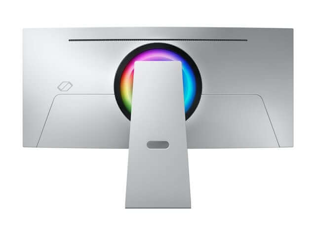 SAMSUNG ODYSSEY OLED G8 G85SD QUAD HD 34" CURVED QD-OLED SMART GAMING MONITOR back view with RGB lighting.