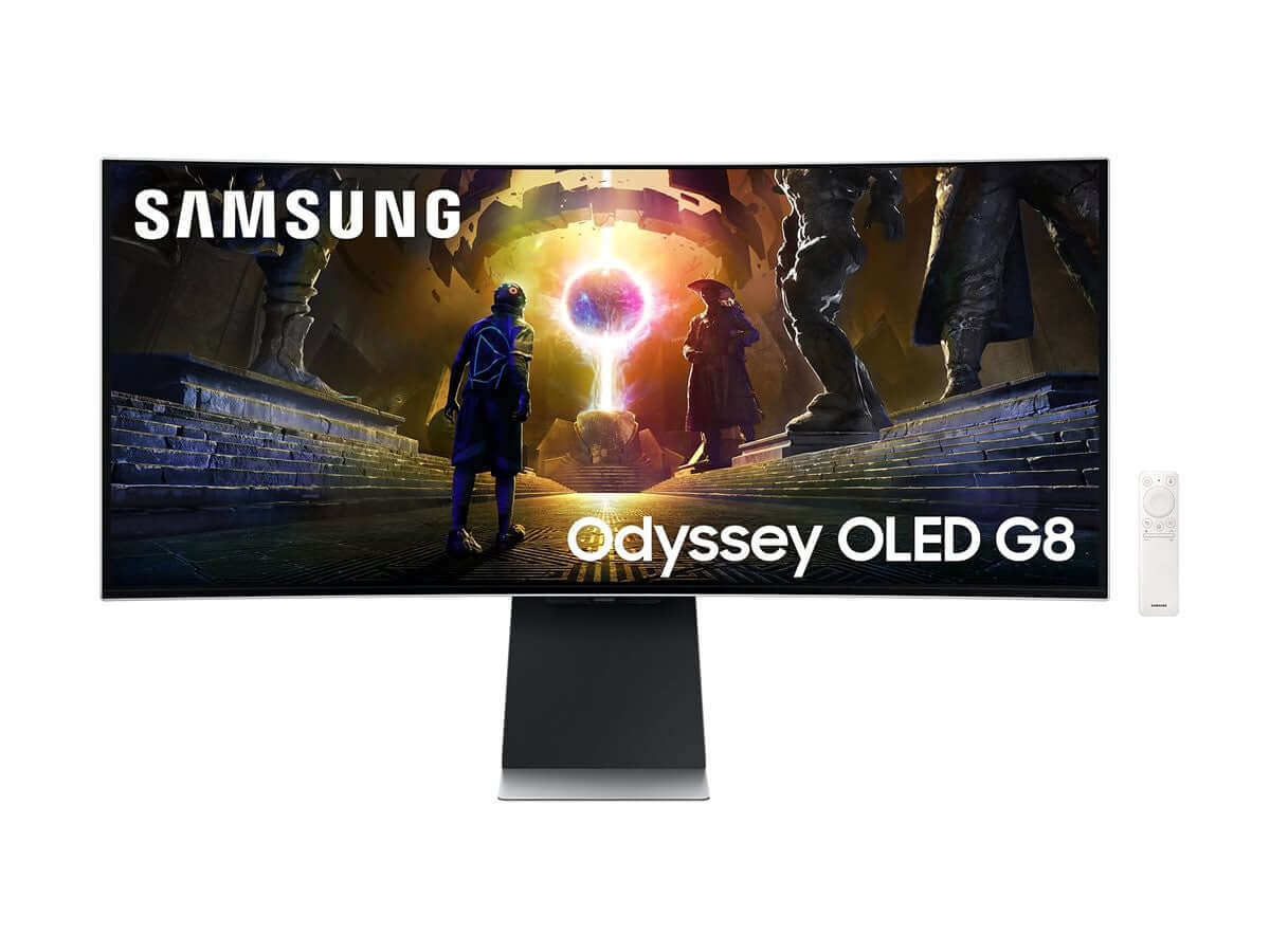 SAMSUNG ODYSSEY OLED G8 G85SD QUAD HD 34" CURVED QD-OLED SMART GAMING MONITOR displayed with remote.