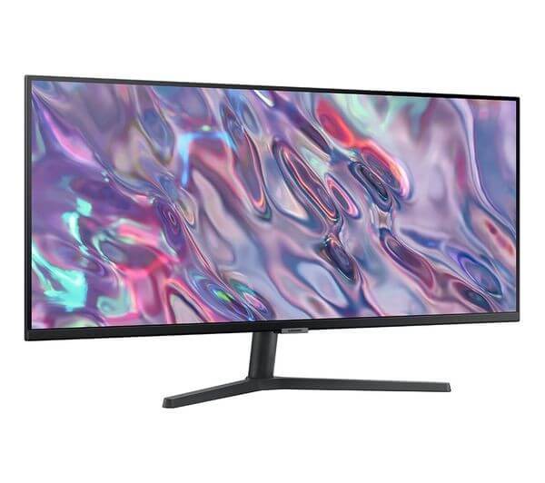 SAMSUNG VIEWFINITY S5 S50GC 34" VA LED MONITOR 1440P 100Hz 5MS HDMI DISPLAYPORT on a sleek stand with colorful display.