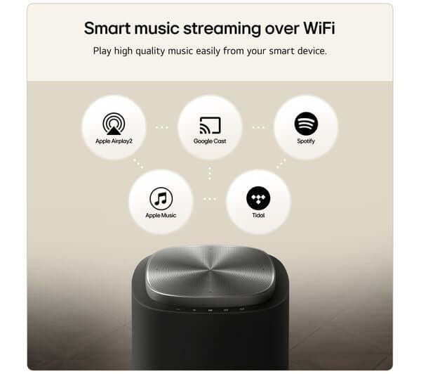 Smart music streaming options including Apple Airplay2, Google Cast, Spotify, Apple Music, and Tidal on LG Sound Suite M5 wireless speaker.