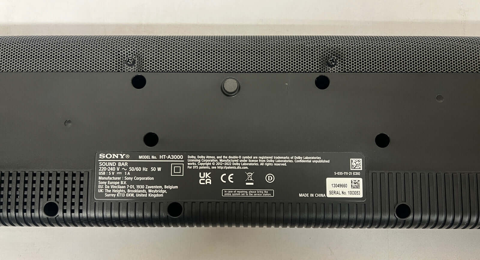 SONY HT-A3000 soundbar rear view showing specifications and model information