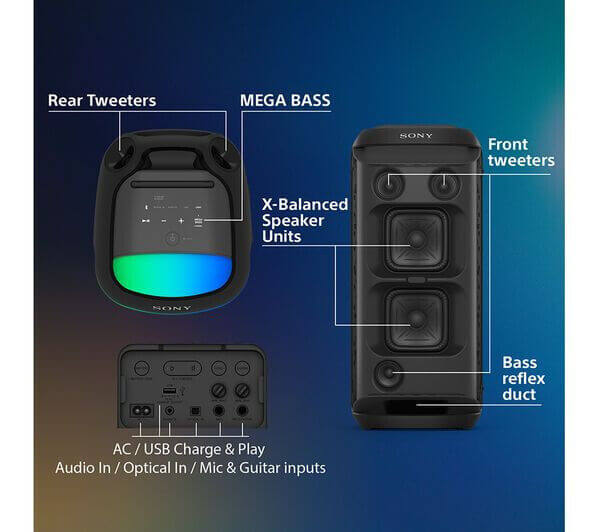 Close-up view of the SONY SRS-XV800 speaker system showcasing controls, speaker units, and connectivity options.