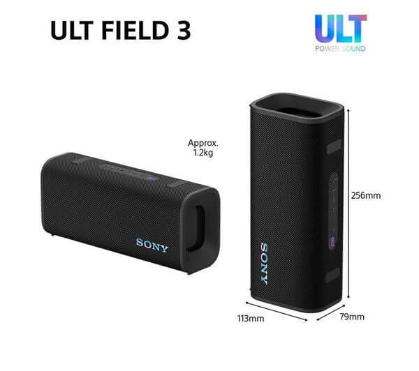 SONY ULT FIELD 3 PORTABLE WIRELESS BLUETOOTH SPEAKER RECHARGEABLE IP67 BLACK with dimensions and design details.
