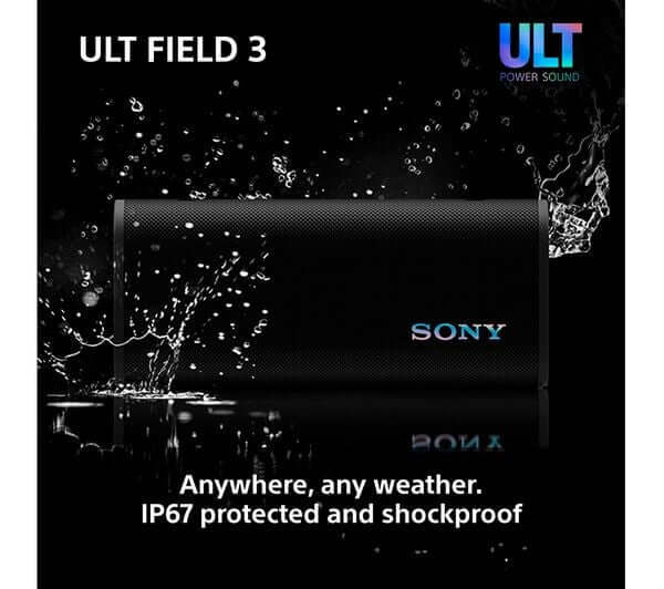 SONY ULT FIELD 3 PORTABLE WIRELESS BLUETOOTH SPEAKER RECHARGEABLE IP67 BLACK, waterproof design, powerful sound, portable.