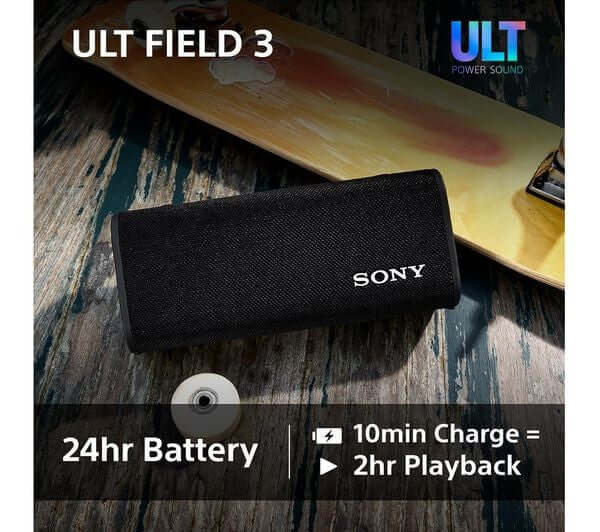 SONY ULT FIELD 3 PORTABLE WIRELESS BLUETOOTH SPEAKER RECHARGEABLE IP67 BLACK on a skateboard with 24hr battery info