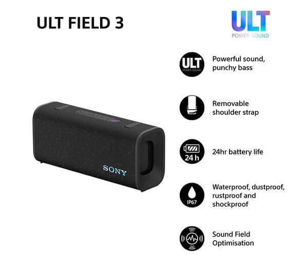SONY ULT FIELD 3 PORTABLE WIRELESS BLUETOOTH SPEAKER RECHARGEABLE IP67 BLACK featuring powerful sound and 24-hour battery life.