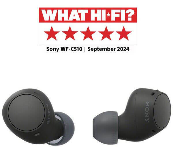 Sony WF-C510 true wireless earbuds, rated 5 stars by What Hi-Fi, in black color, featuring ergonomic design.