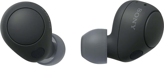 SONY WF-C700N true wireless Bluetooth noise-cancelling earbuds in black, showcasing sleek design and secure fit.