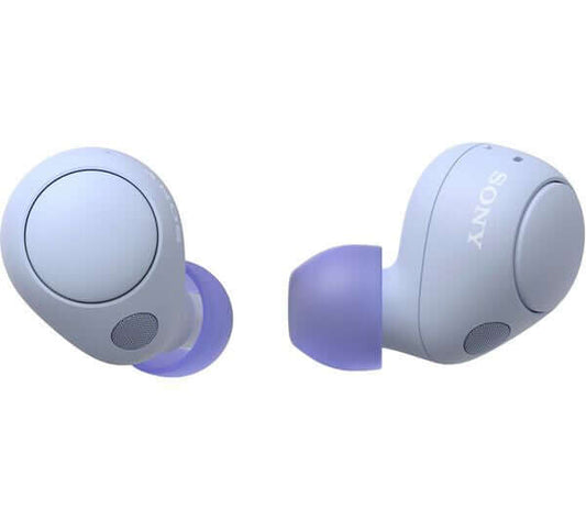 SONY WF-C700N wireless Bluetooth noise-cancelling earbuds in lavender color, ergonomic design, ideal for comfort and sound quality.