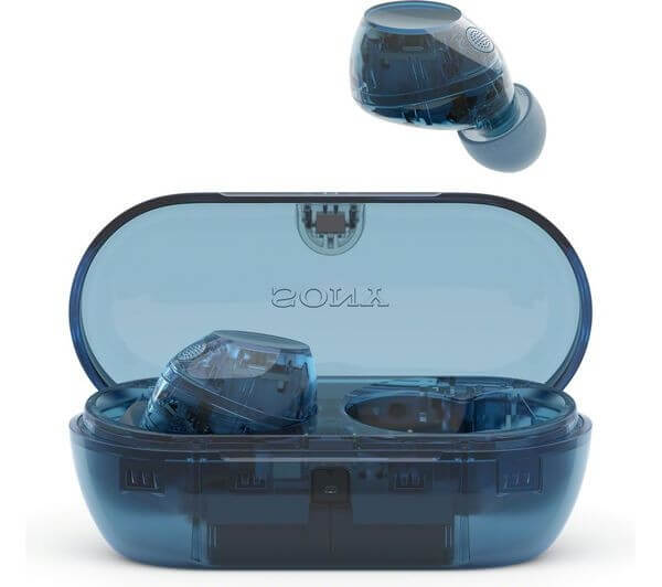 SONY WF-C710N HEADPHONES WIRELESS BLUETOOTH NOISE CANCELLING EARBUDS GLASS BLUE in charging case.