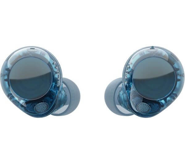 SONY WF-C710N HEADPHONES WIRELESS BLUETOOTH NOISE CANCELLING EARBUDS GLASS BLUE close-up image.