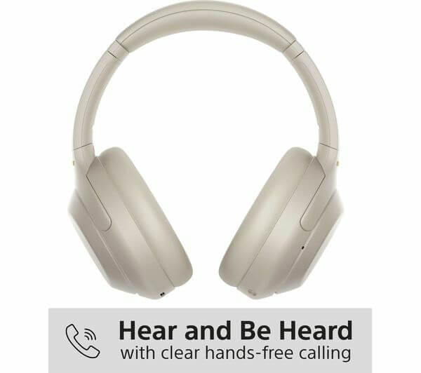 SONY WH-1000XM4 wireless over-ear headphones in silver with hands-free calling feature.