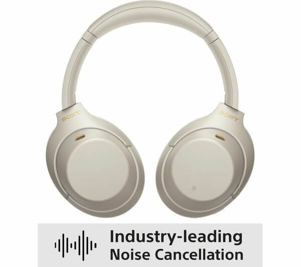 SONY WH-1000XM4 wireless Bluetooth headphones in silver with industry-leading noise cancellation feature.