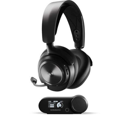 SteelSeries Arctis Nova Pro 7.1 Wireless Gaming Headset with DAC, designed for PS4, PS5, PC, and Switch in black.