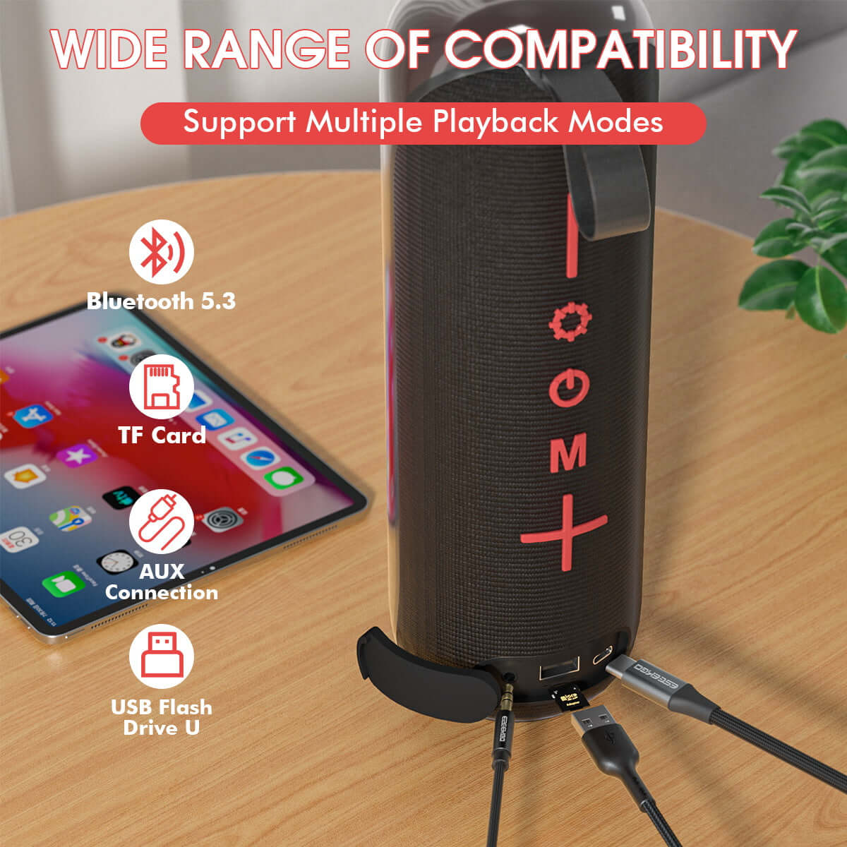 TWS Bluetooth Portable Outdoor Speaker supports microSD, AUX, USB playback, features Bluetooth 5.3 and compatibility with devices.