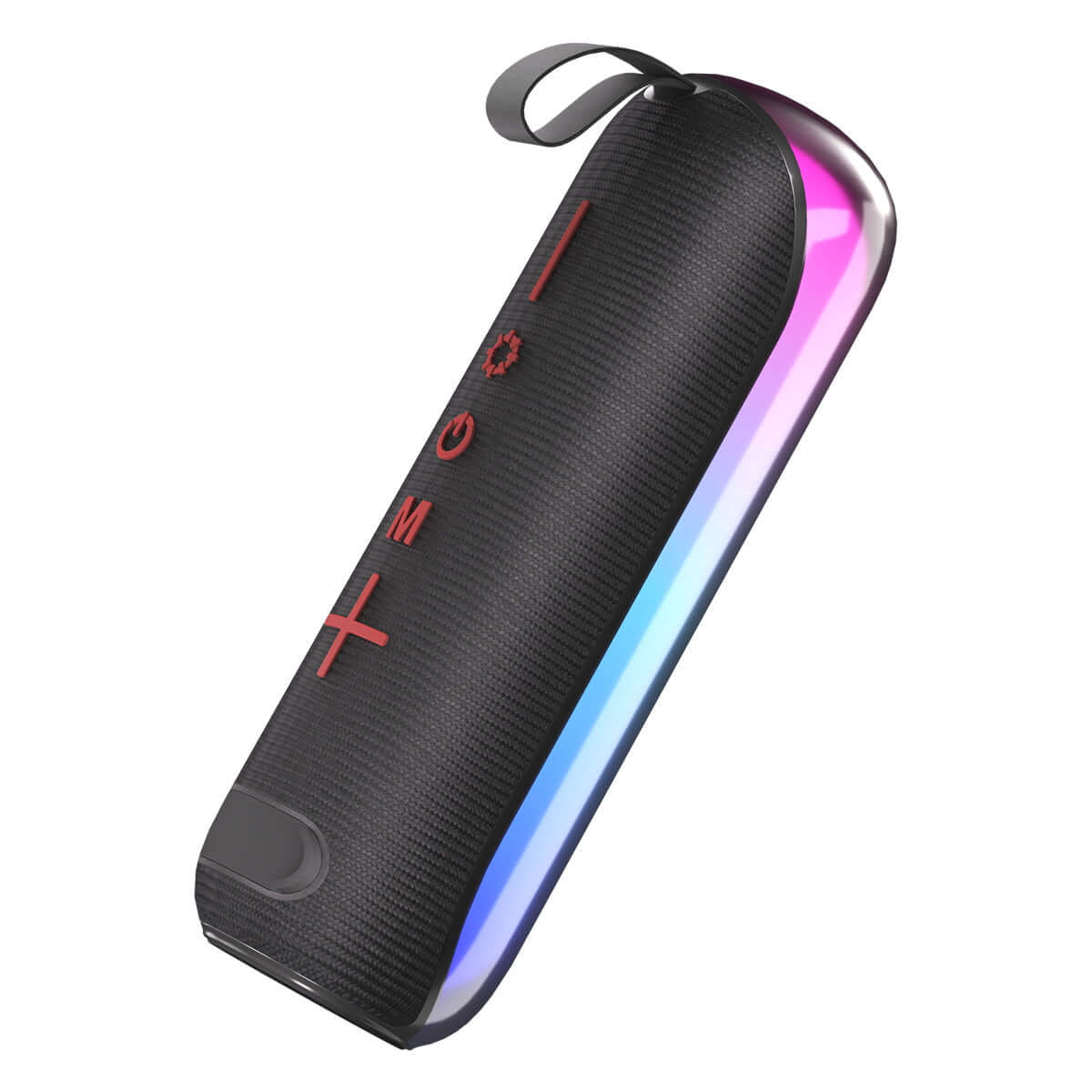TWS Bluetooth portable outdoor speaker with LED lights, AUX, USB, microSD, MP3 support, and stylish design.