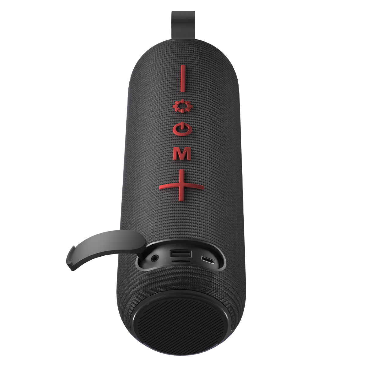 TWS Bluetooth portable outdoor speaker featuring buttons for volume control, power, and connection ports.