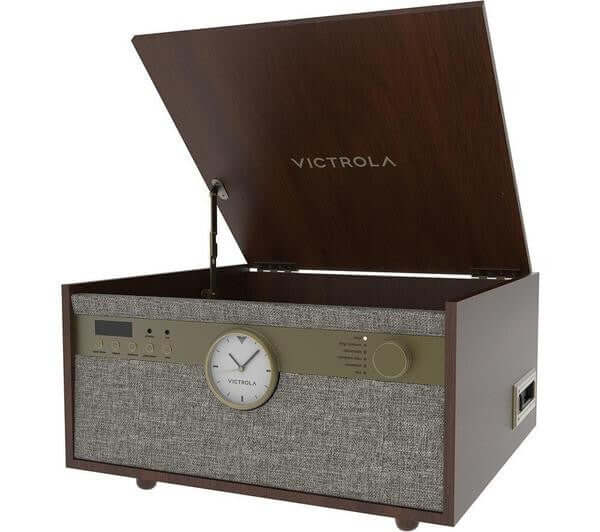 VICTROLA CENTURY VTA-830SB BELT DRIVE MUSIC CENTRE CD FM CASSETTE WALNUT NEW in walnut finish with open lid.